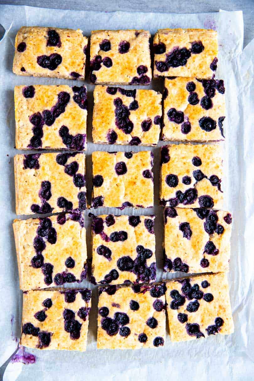 sheet pan blueberry pancakes cut into squares