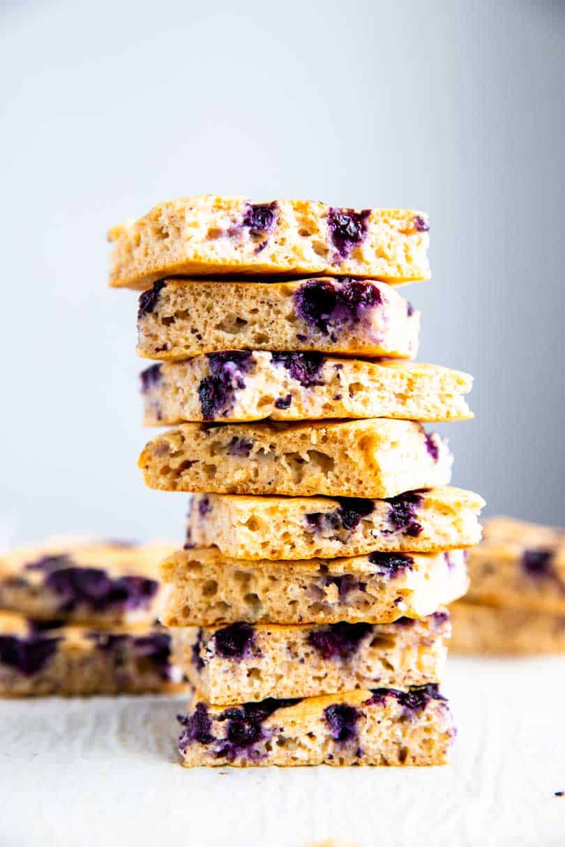 stack of sheet pan blueberry pancakes