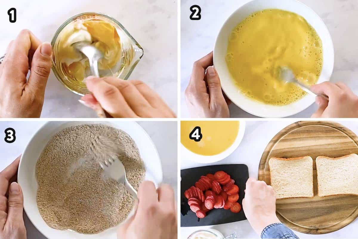 collage of step by step photos for preparing ingredients to make stuffed French toast