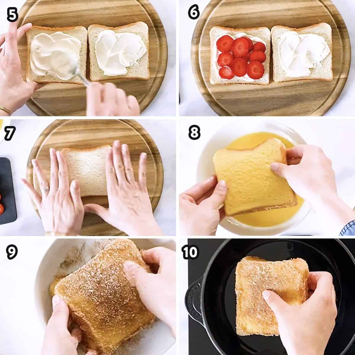 collage of step by step photos for preparing stuffed French toast