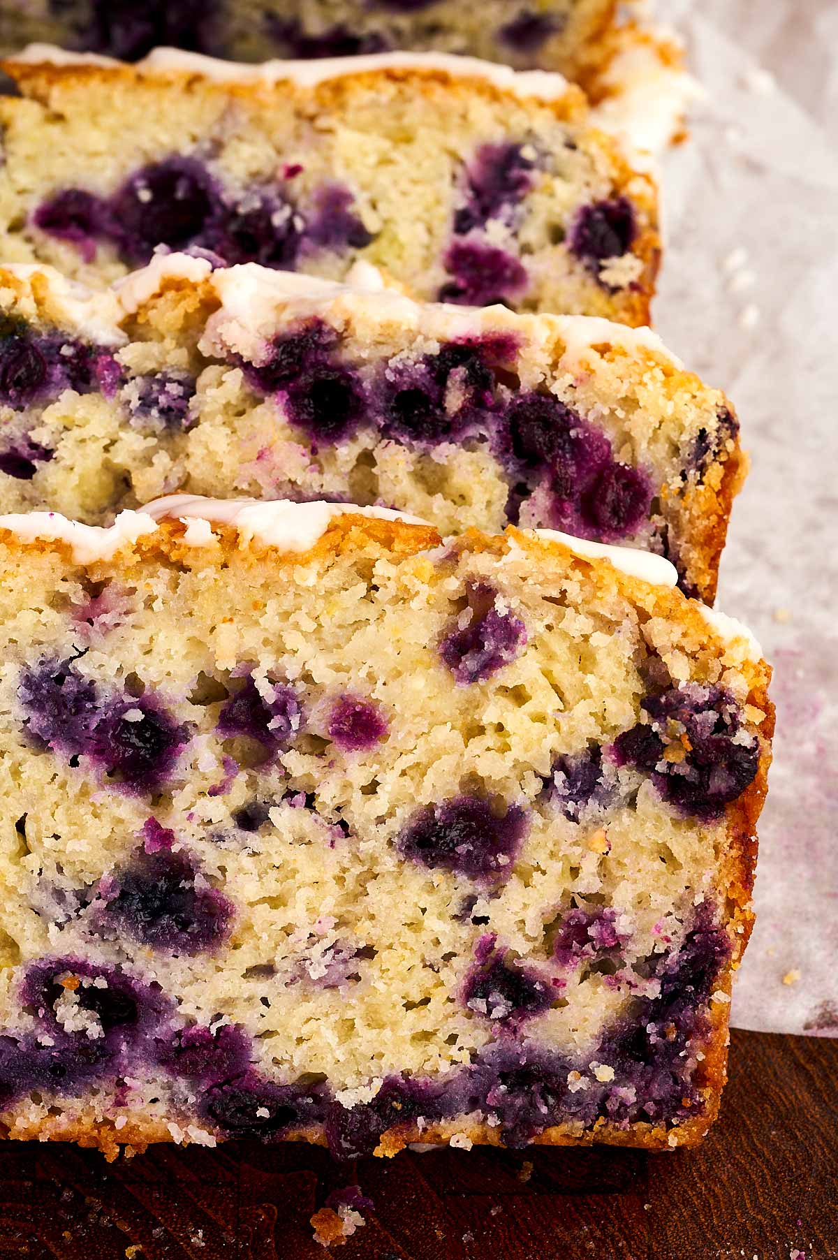 overhead view of closeup lemon blueberry bread