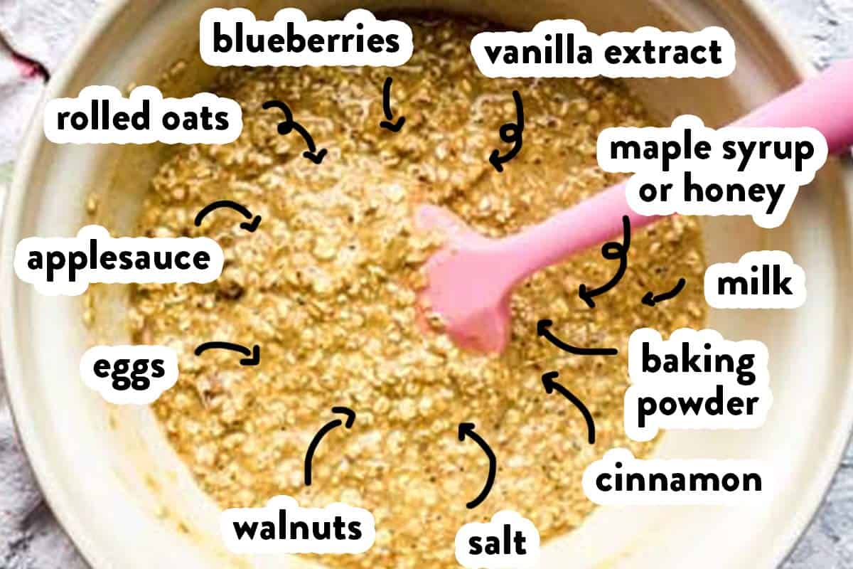 text collage of ingredients in blueberry baked oatmeal