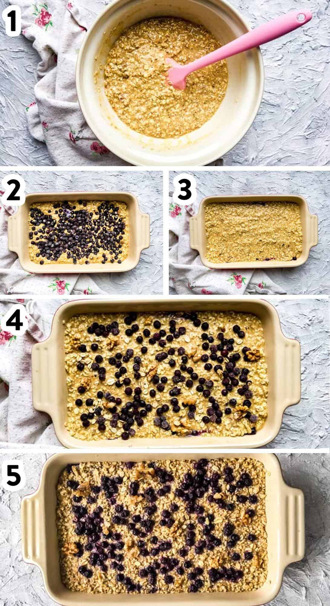 collage if steps to make blueberry baked oatmeal