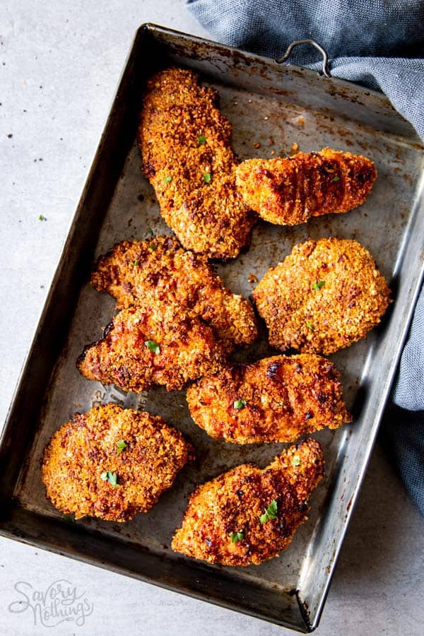 sheet pan with cornmeal oven fried chicken