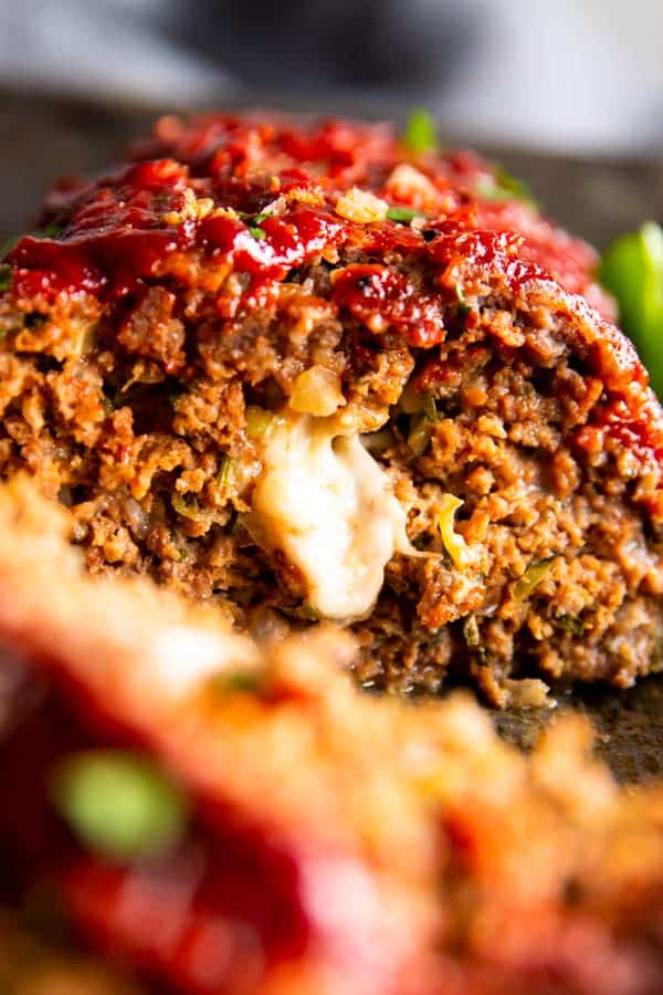 close up photo of mozzarella stuffed meatloaf