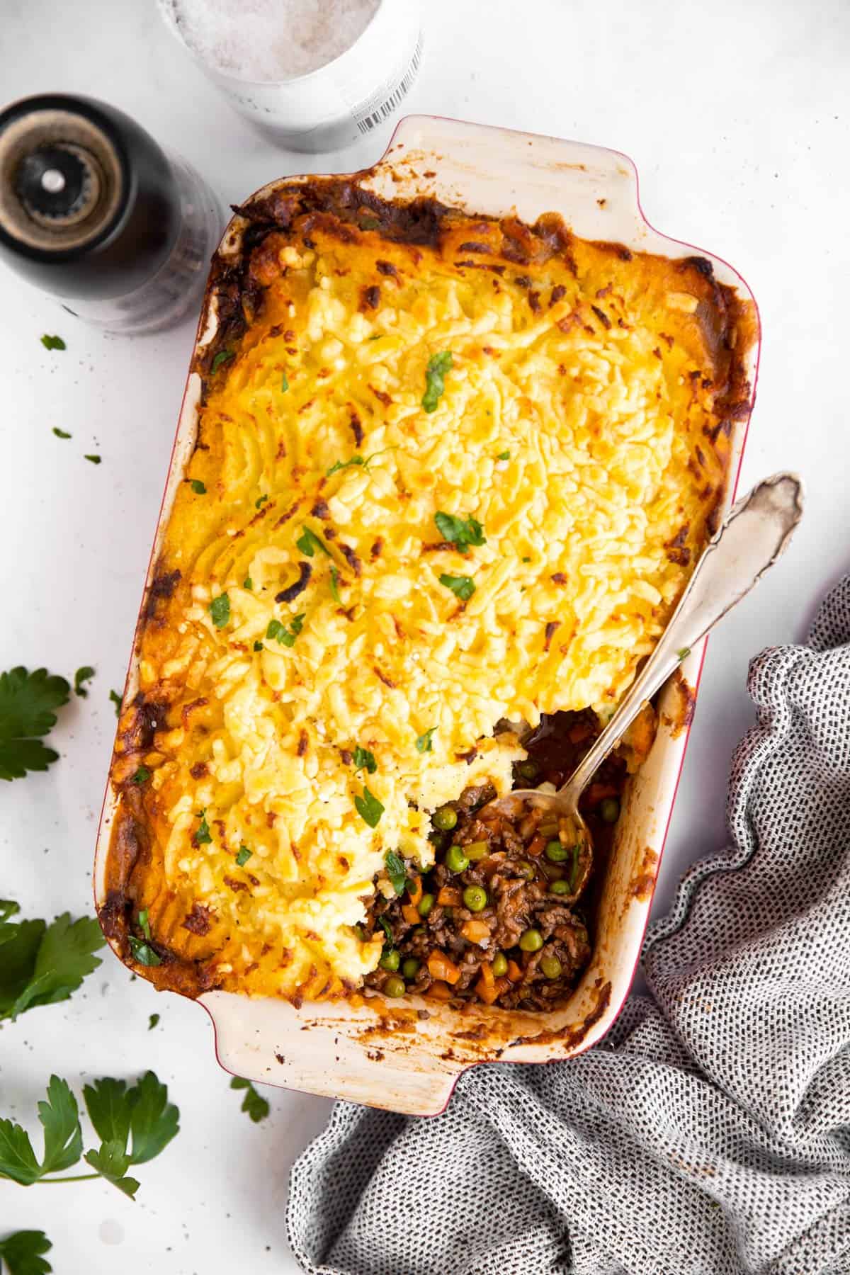 casserole dish with shepherd's pie