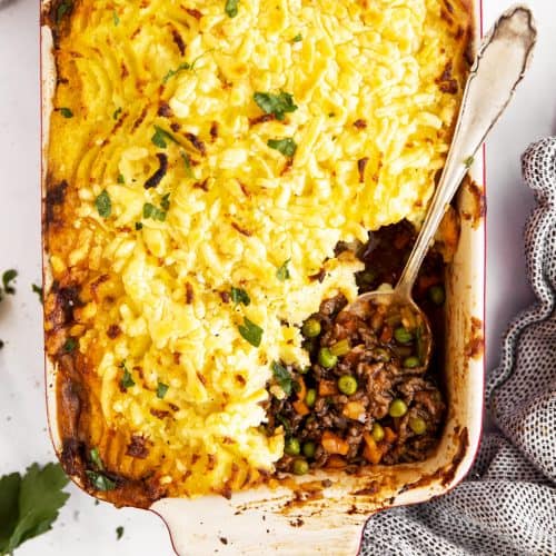 casserole dish with shepherd's pie