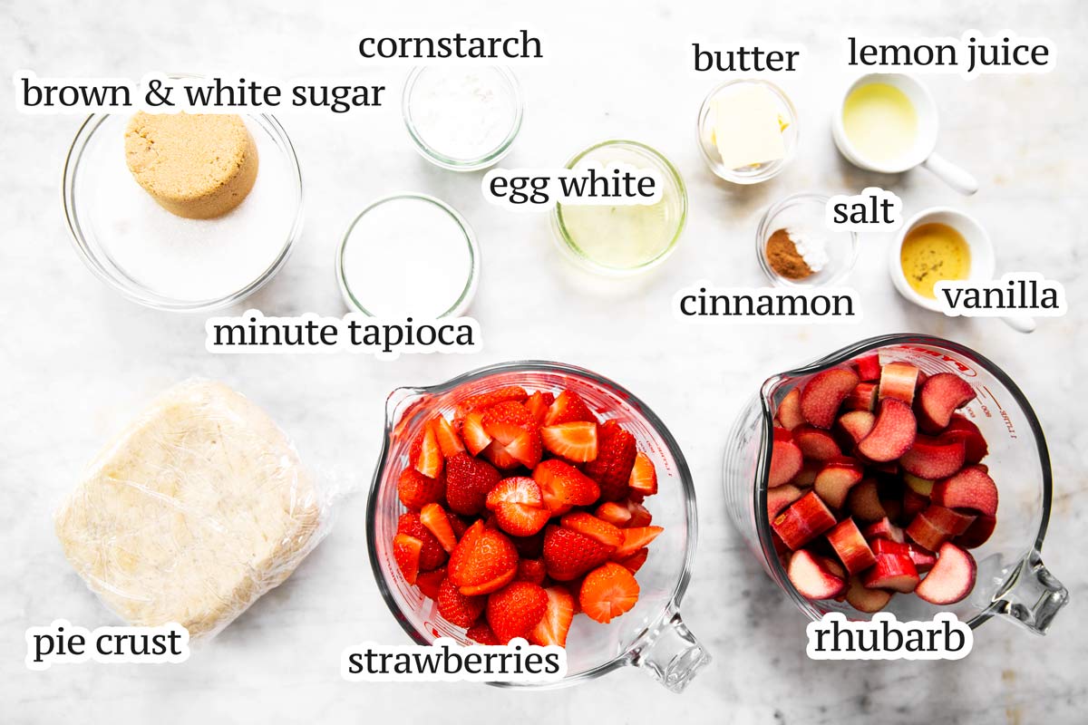 ingredients for strawberry rhubarb pie with text labels