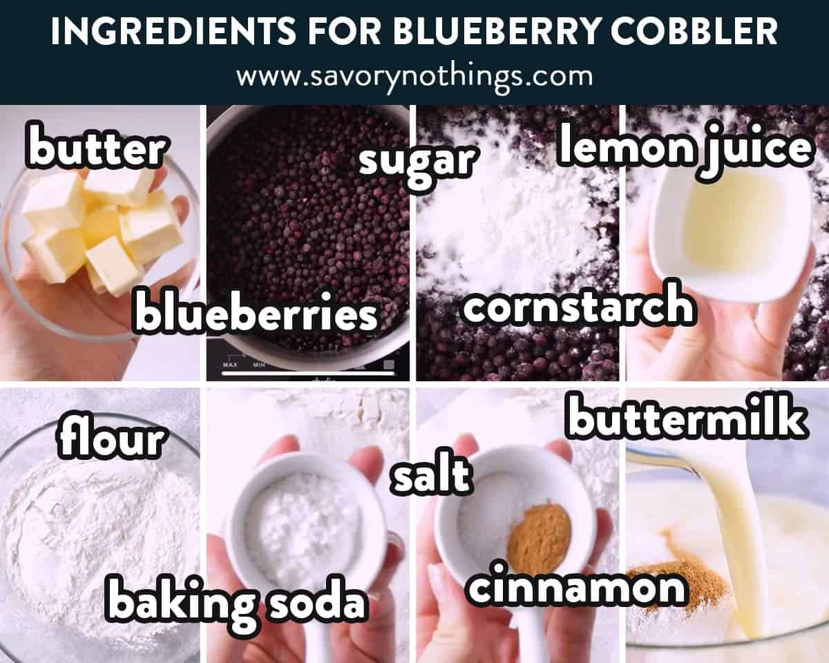 collage of ingredients to make blueberry cobbler with text overlay