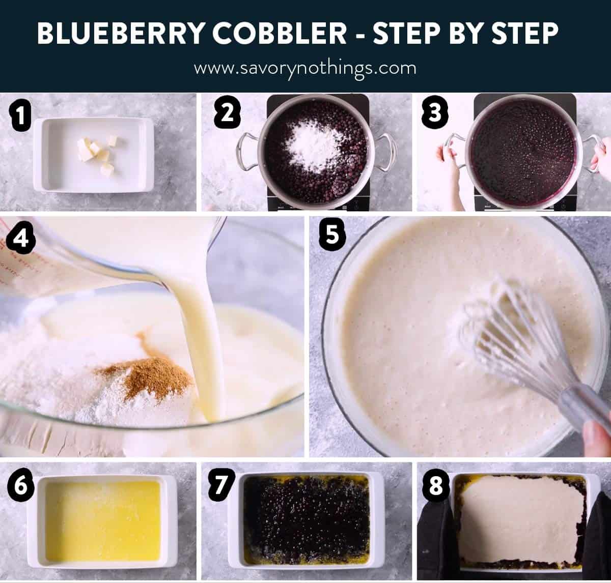 photo collage to show steps to bake blueberry cobbler