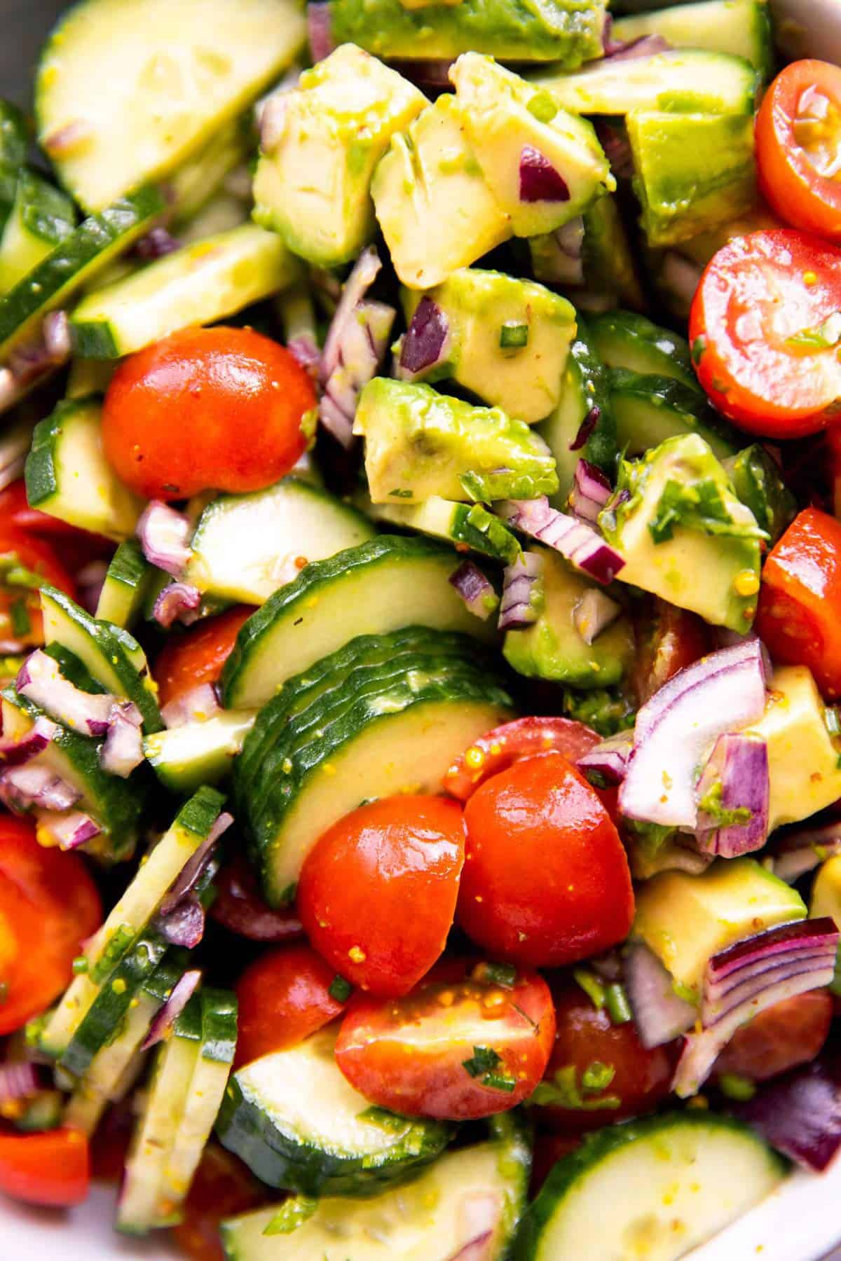 close up photo of cucumber tomato avocado salad