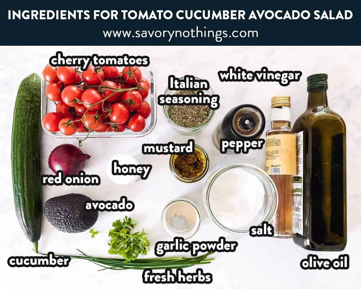 ingredients for cucumber tomato avocado salad with text labels