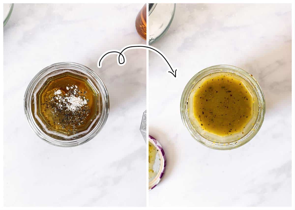 photo collage to show how to turn salad dressing ingredients into dressing