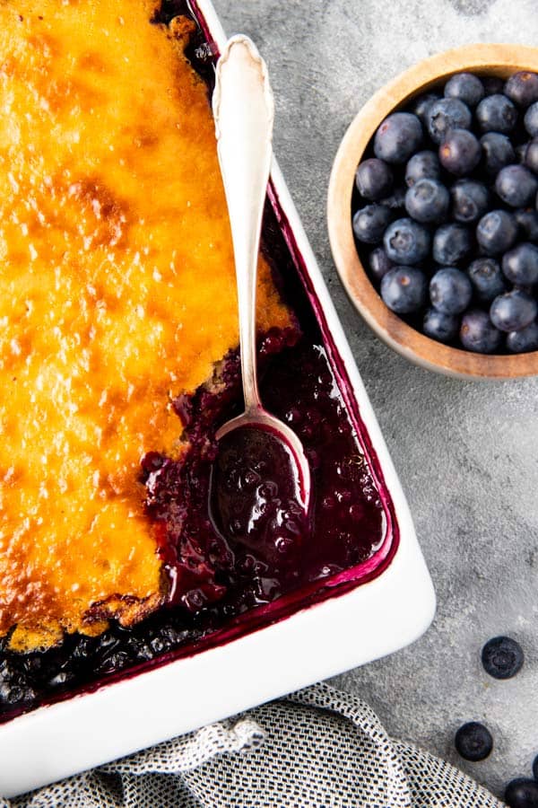 dish with blueberry cobbler