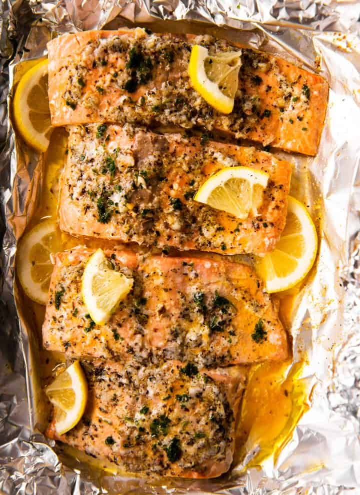 baked salmon on foil lined baking pan