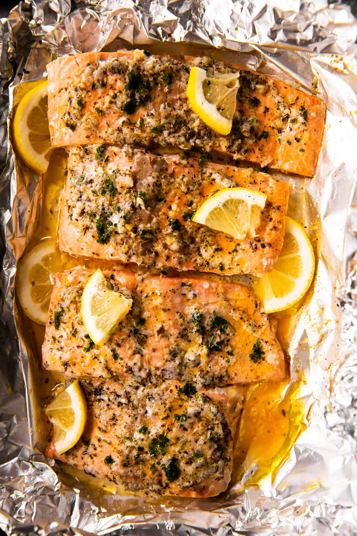 baked salmon on foil lined baking pan