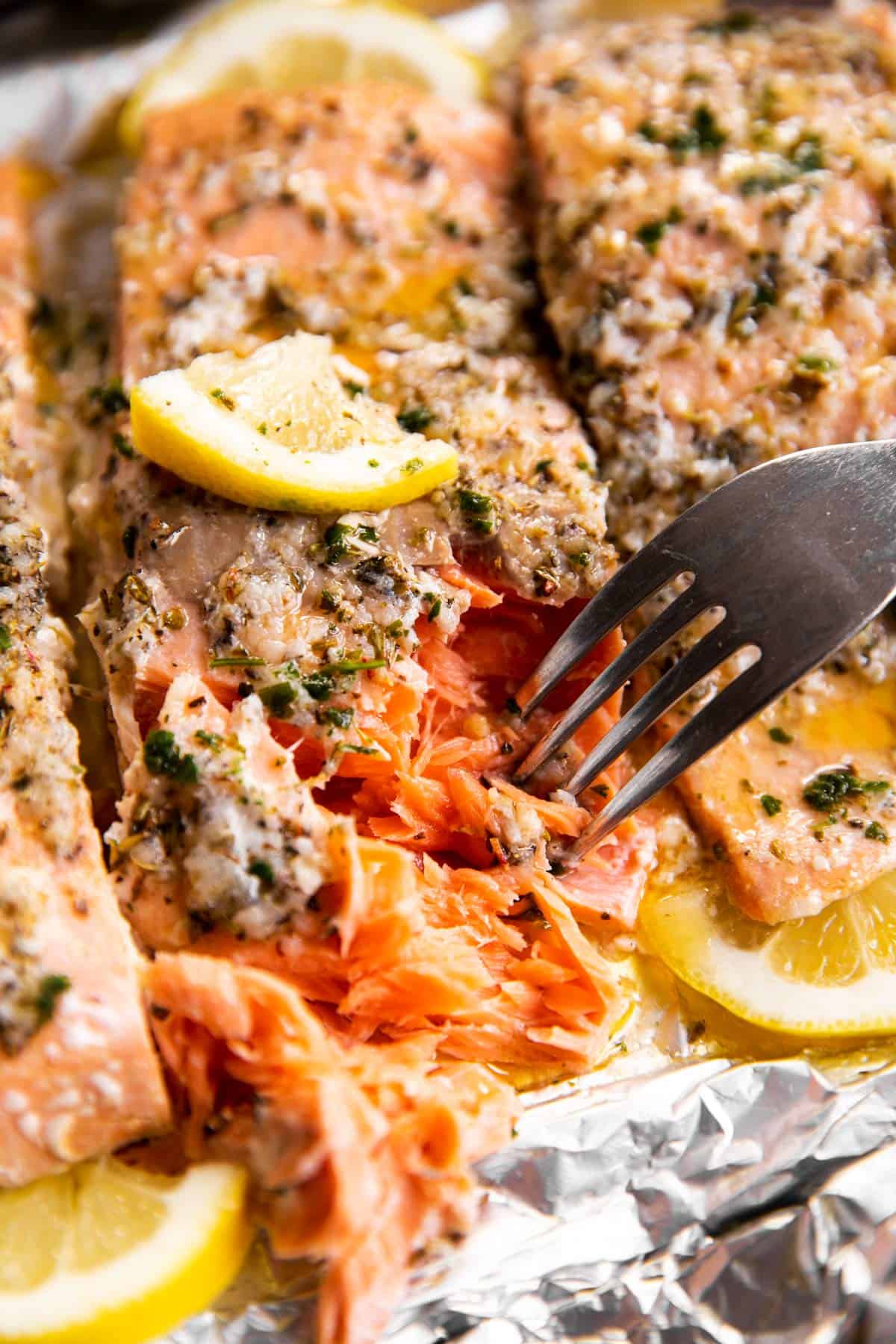 close up of flaked salmon with fork