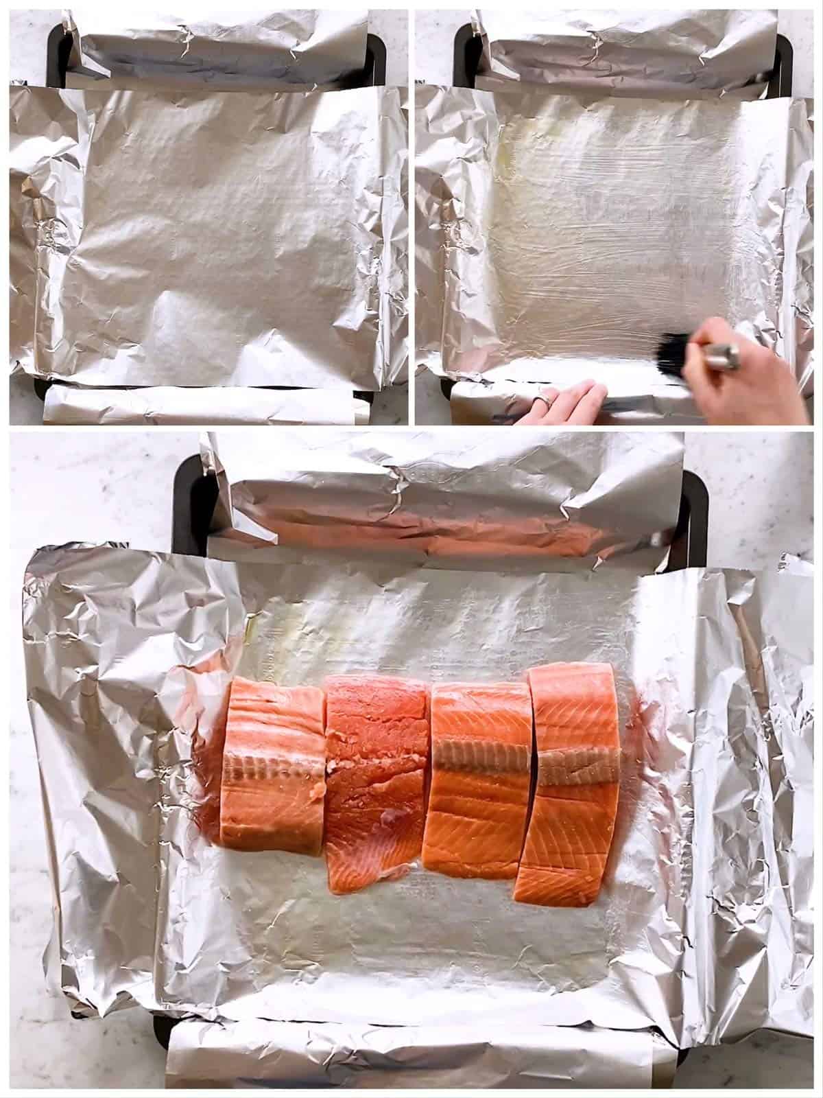 photo collage to show how to prepare a pan to bake salmon