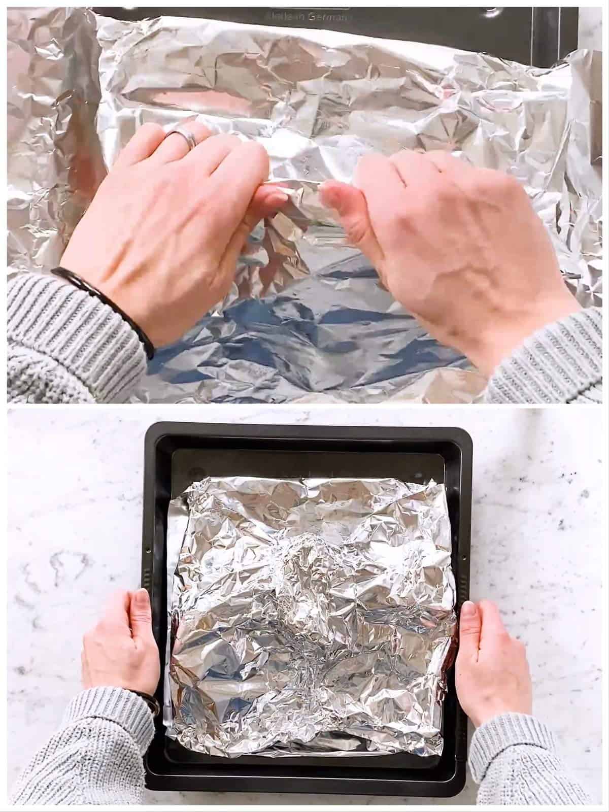 photo collage to show how to seal foil over salmon