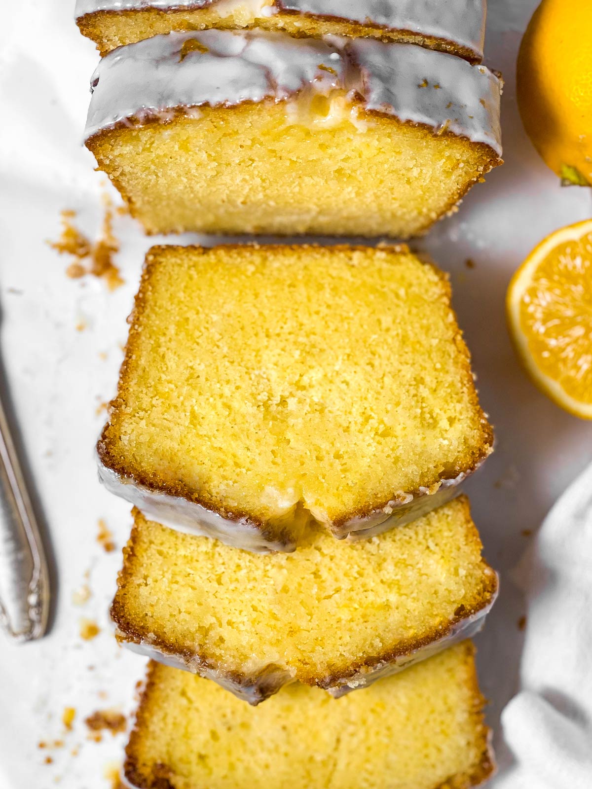 overhead view of sliced lemon loaf cake