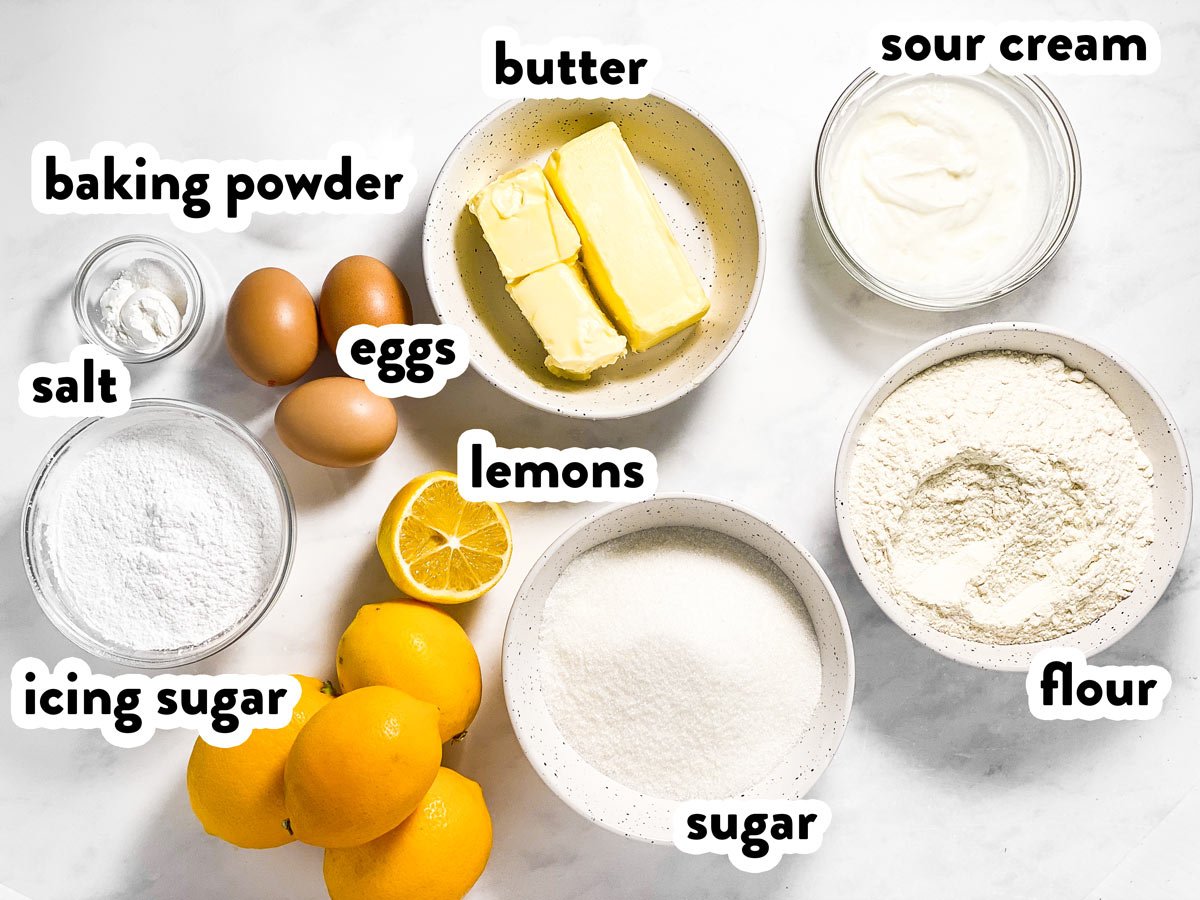 ingredients for lemon loaf cake with text labels