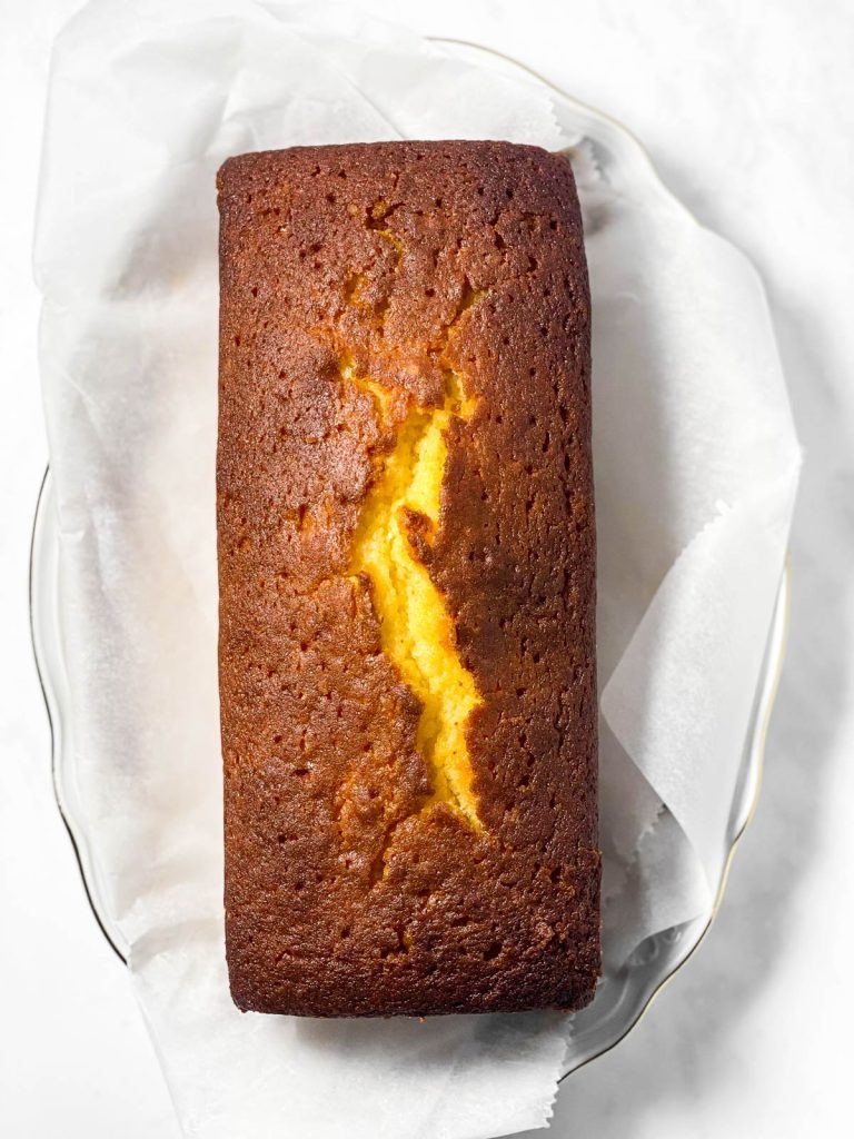 lemon loaf cake on platter