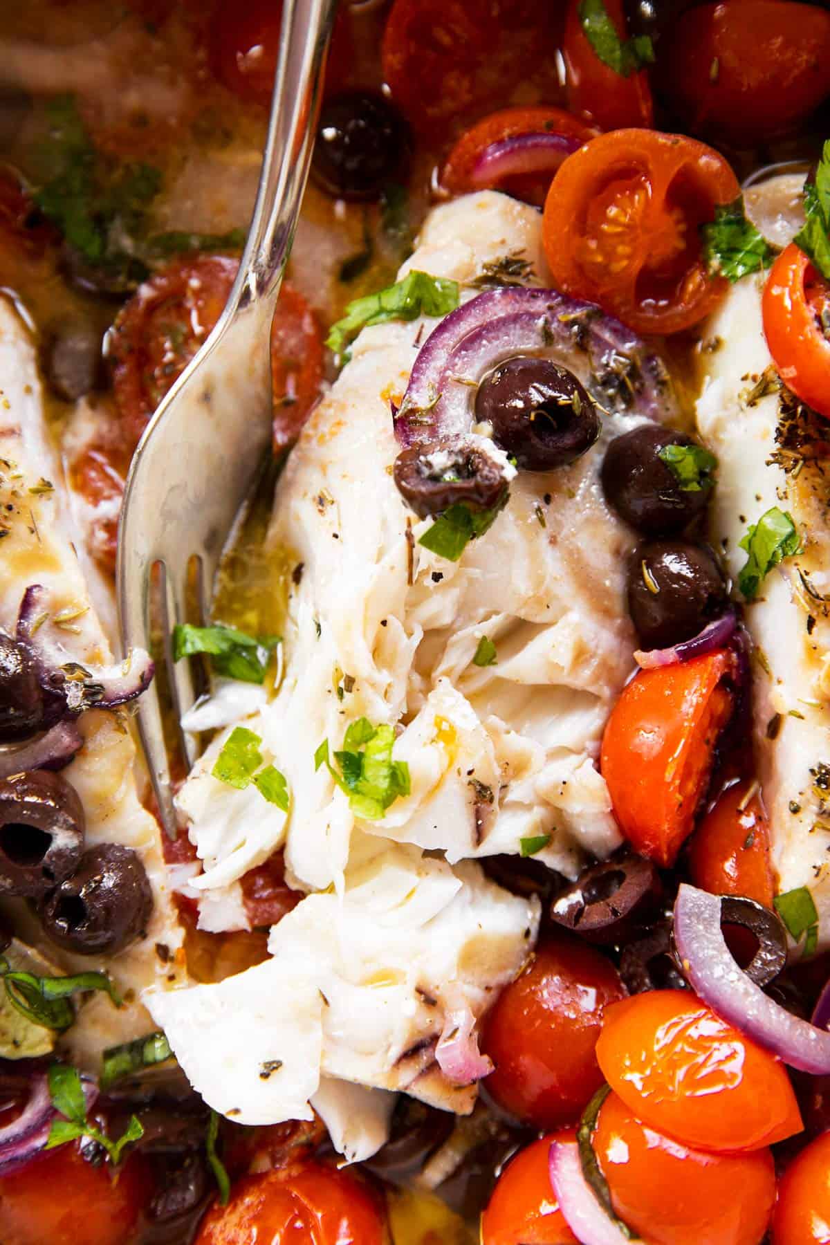 close up photo of flaked cod on bed of tomatoes