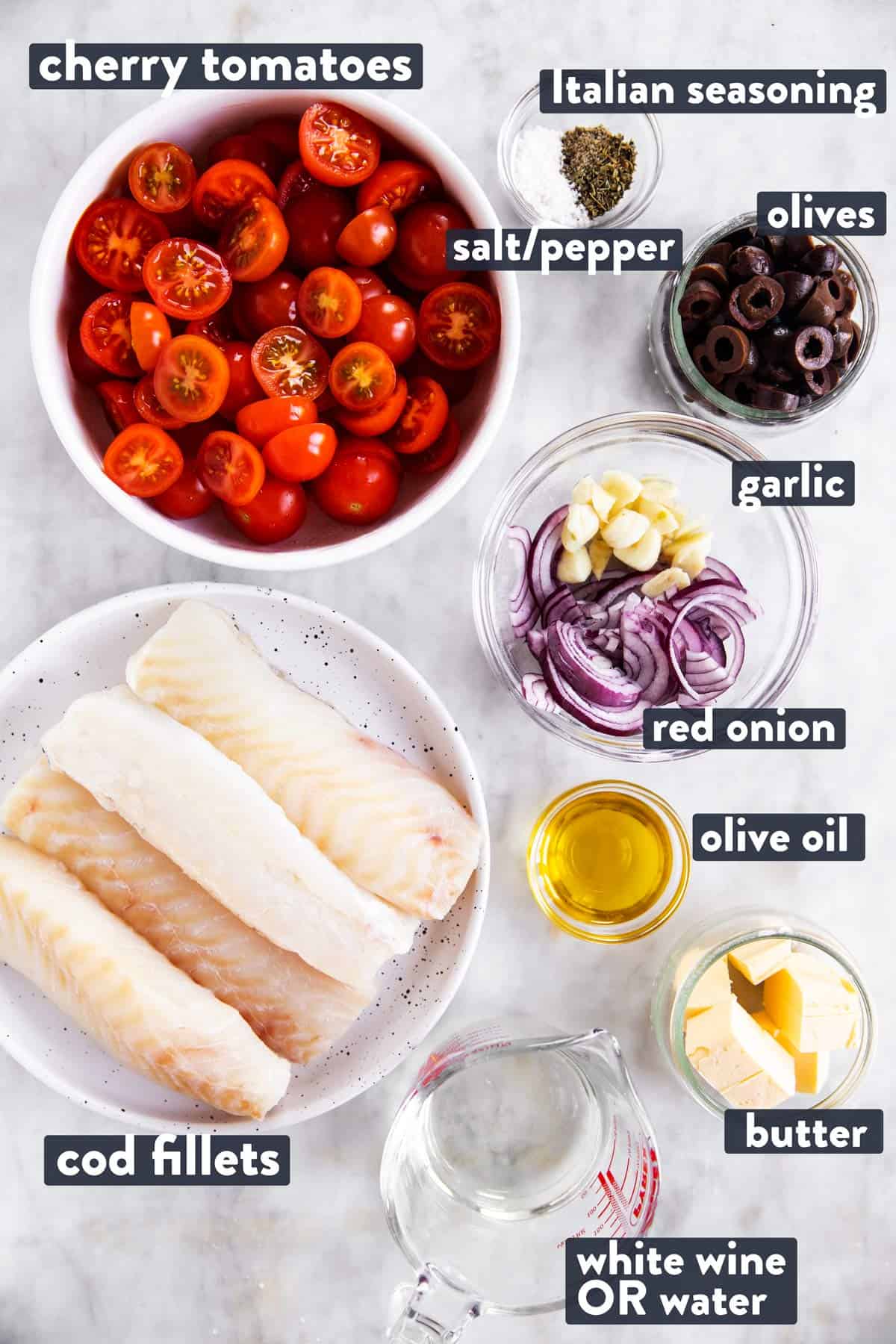 ingredients for mediterranean baked cod with text labels