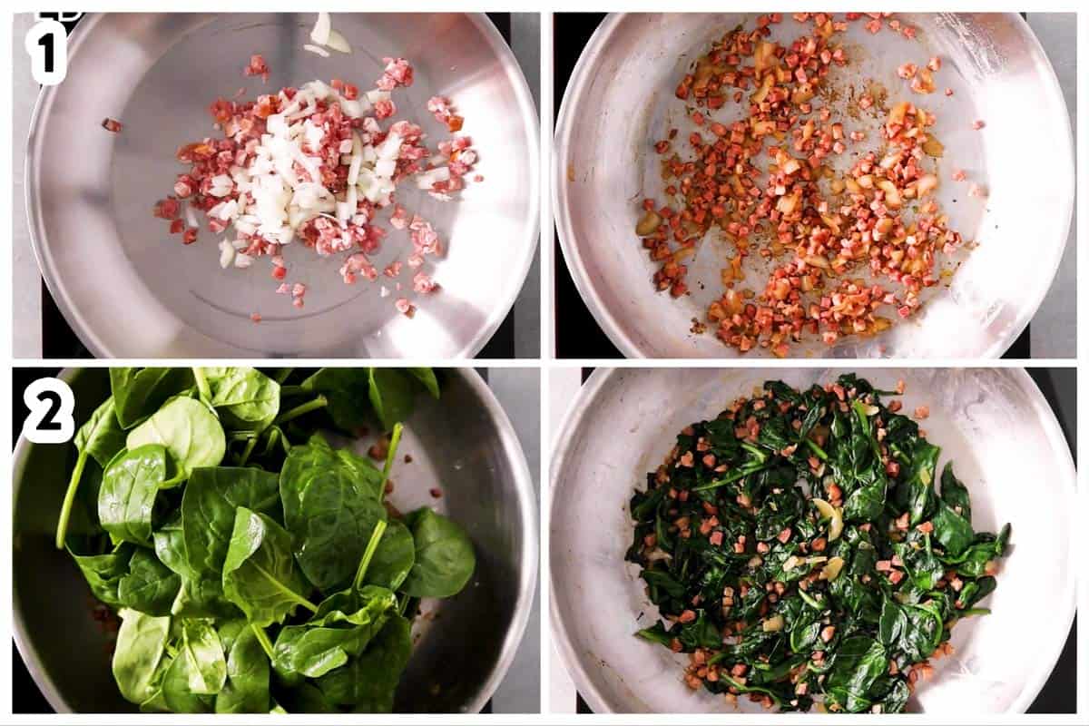 photo collage to show how to make bacon spinach quiche filling