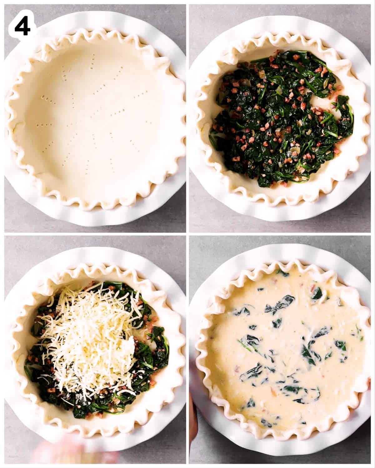 photo collage to show how to assemble a spinach bacon quiche