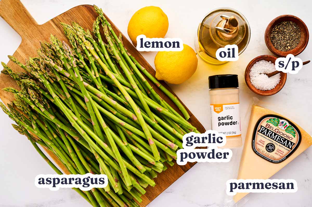 Roasted asparagus recipe ingredients with text labels.
