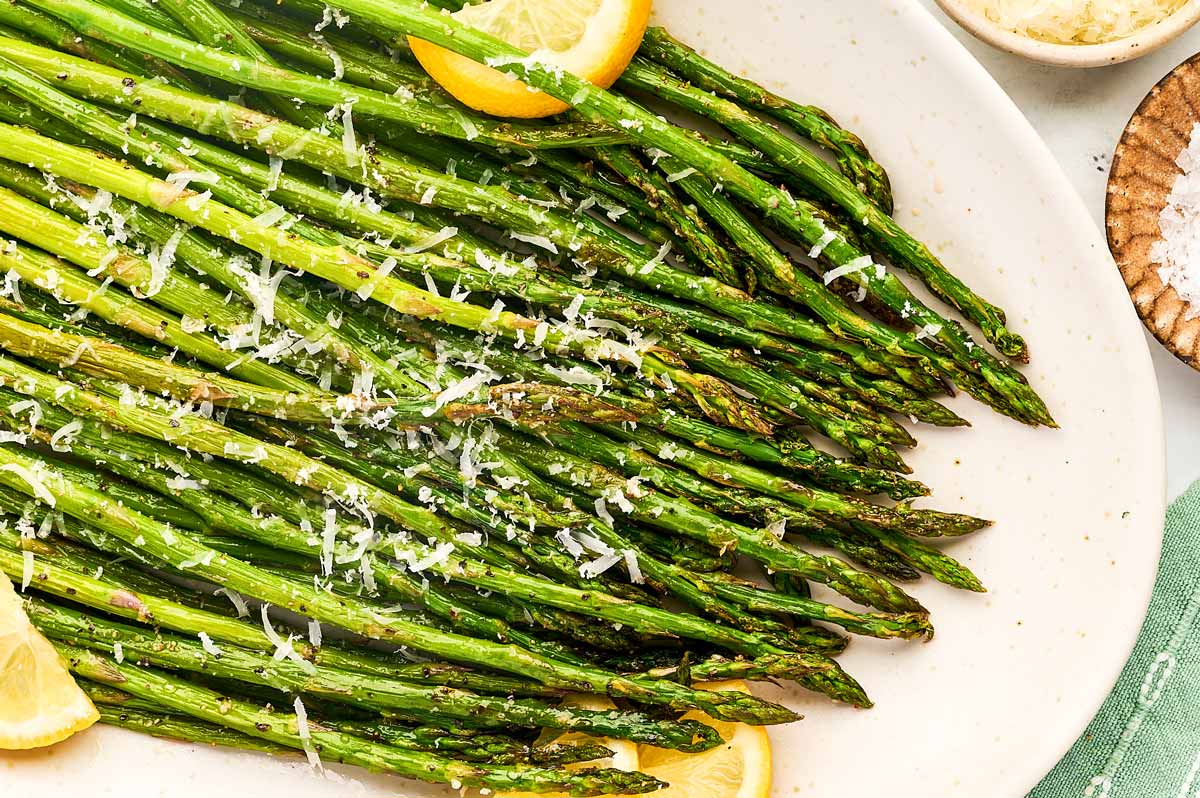 Roasted asparagus on a platter.