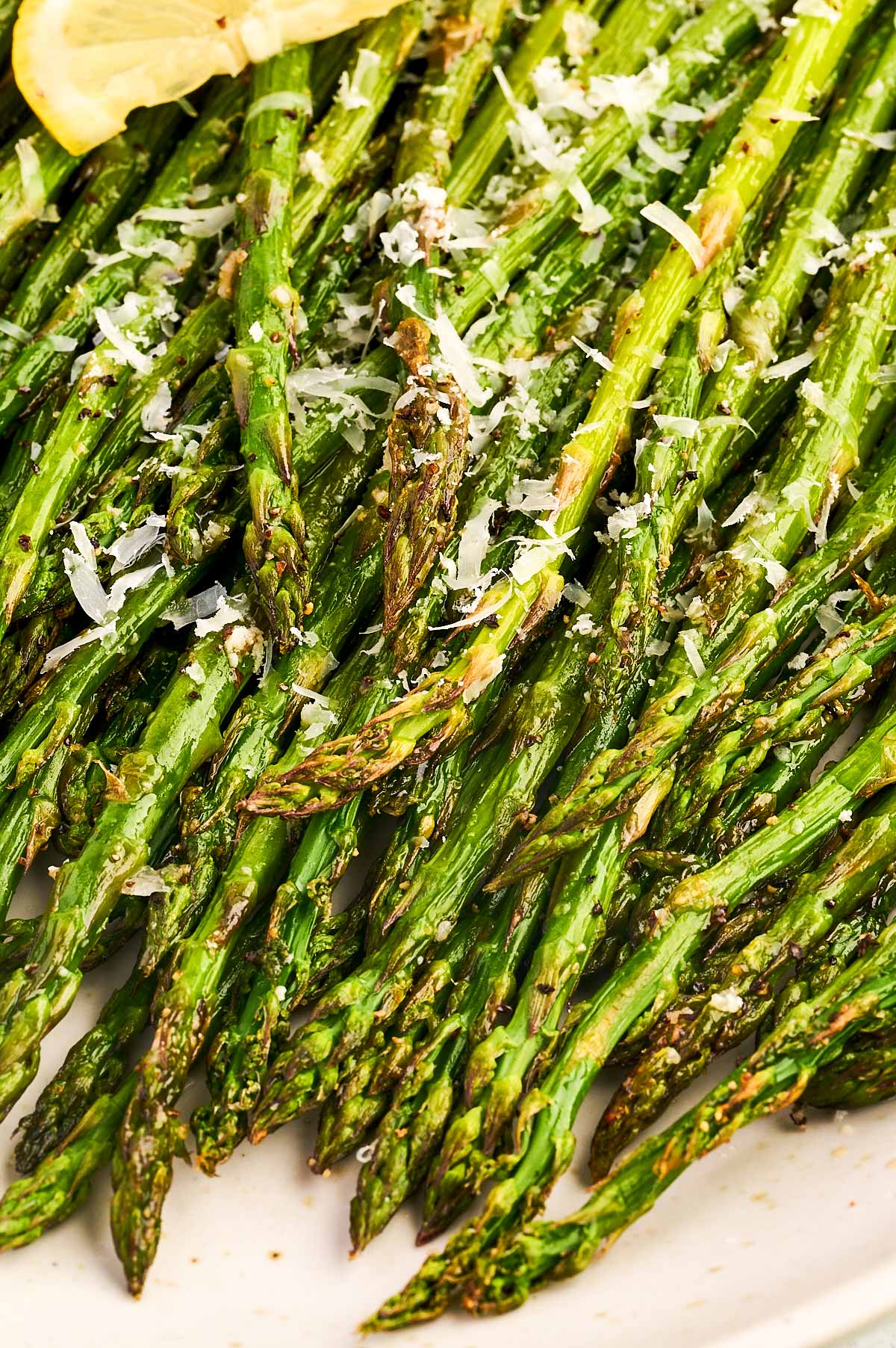 Close up view of roasted asparagus.