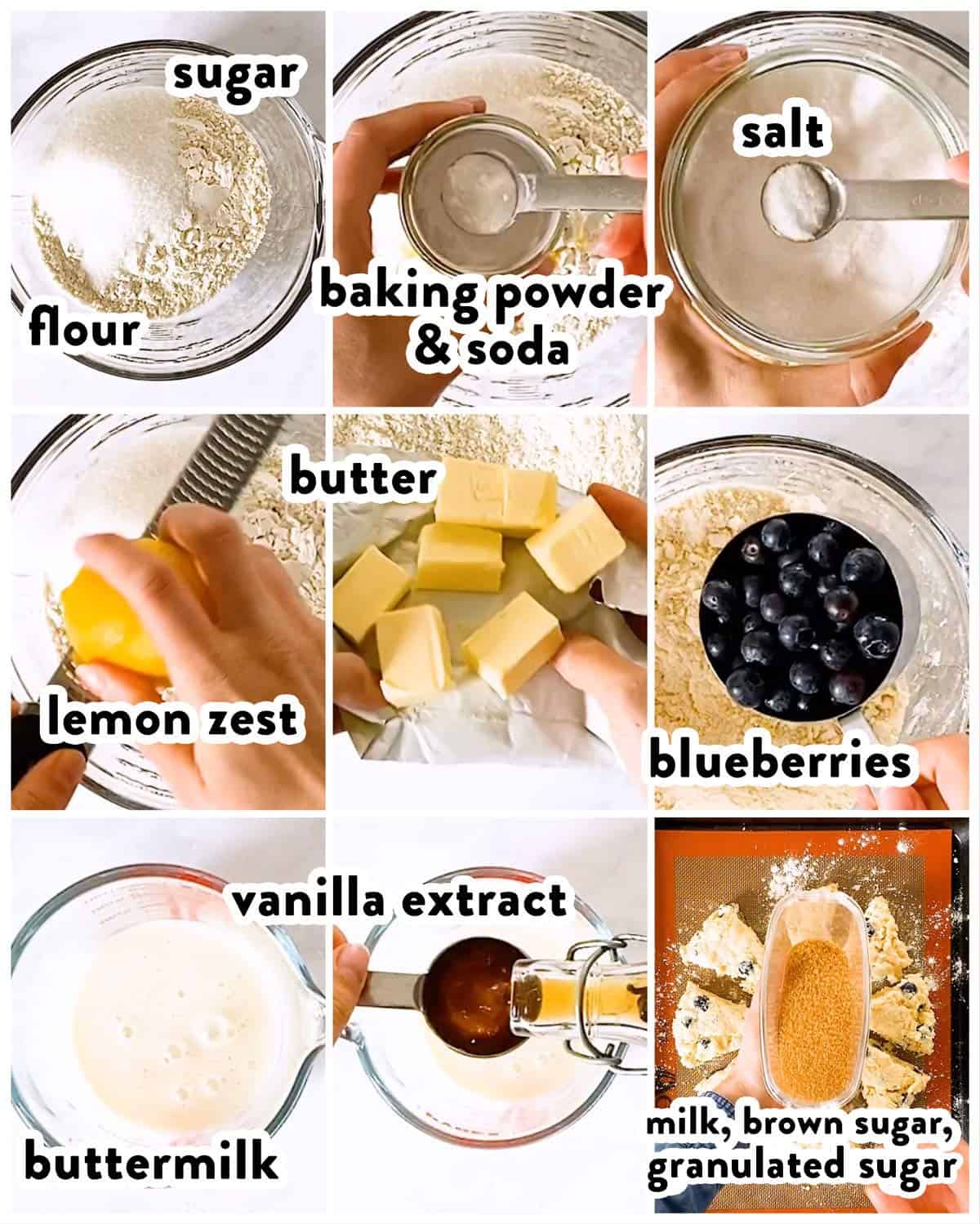 ingredients for blueberry scones with text labels