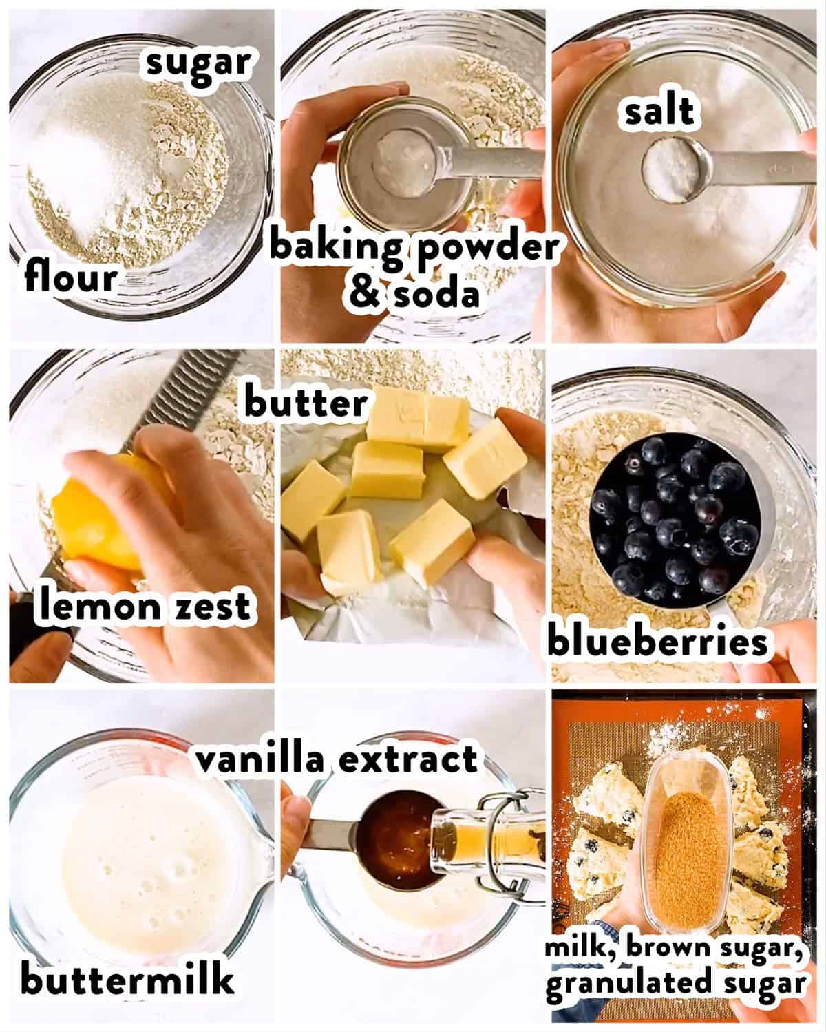 ingredients for blueberry scones with text labels