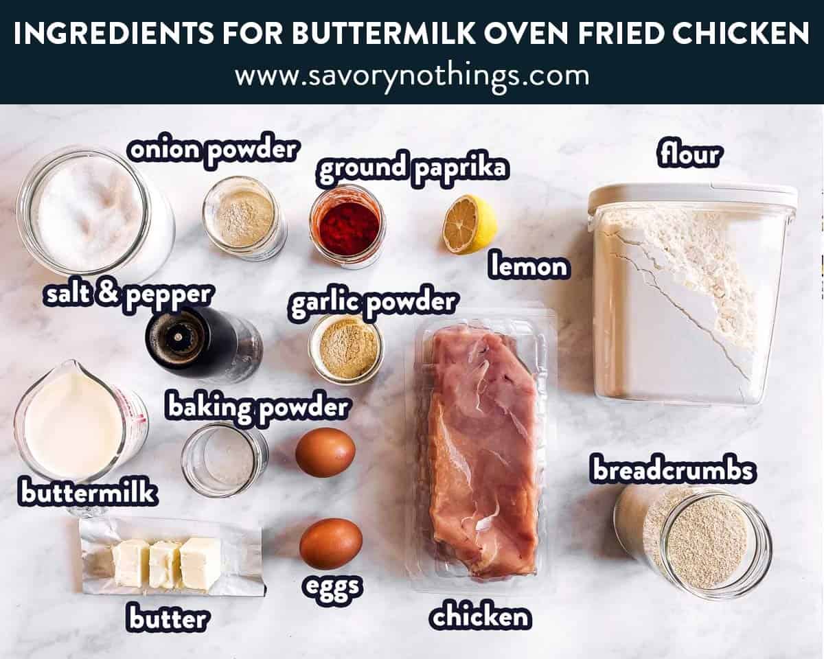 ingredients for buttermilk oven fried chicken with text labels