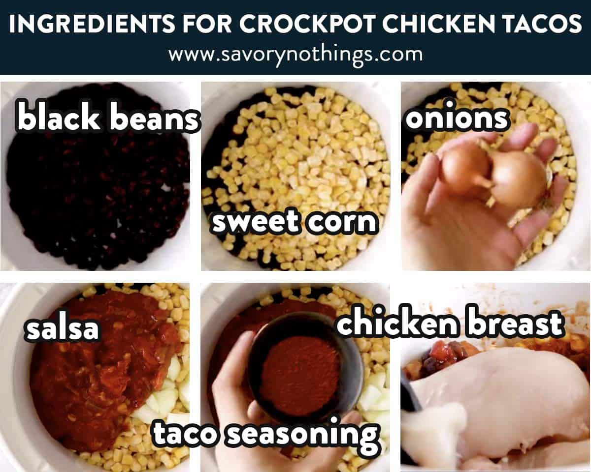 collage of ingredients for crockpot chicken tacos