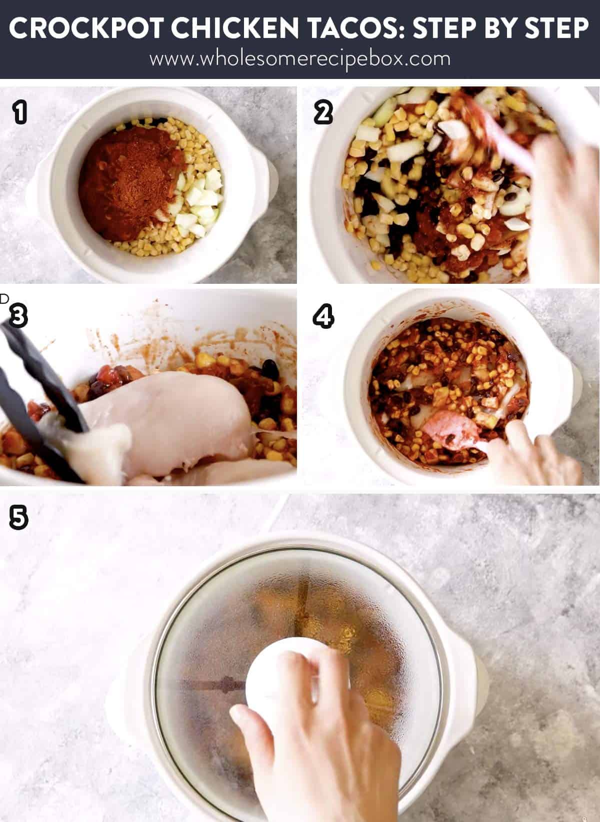 collage of steps for crockpot chicken tacos