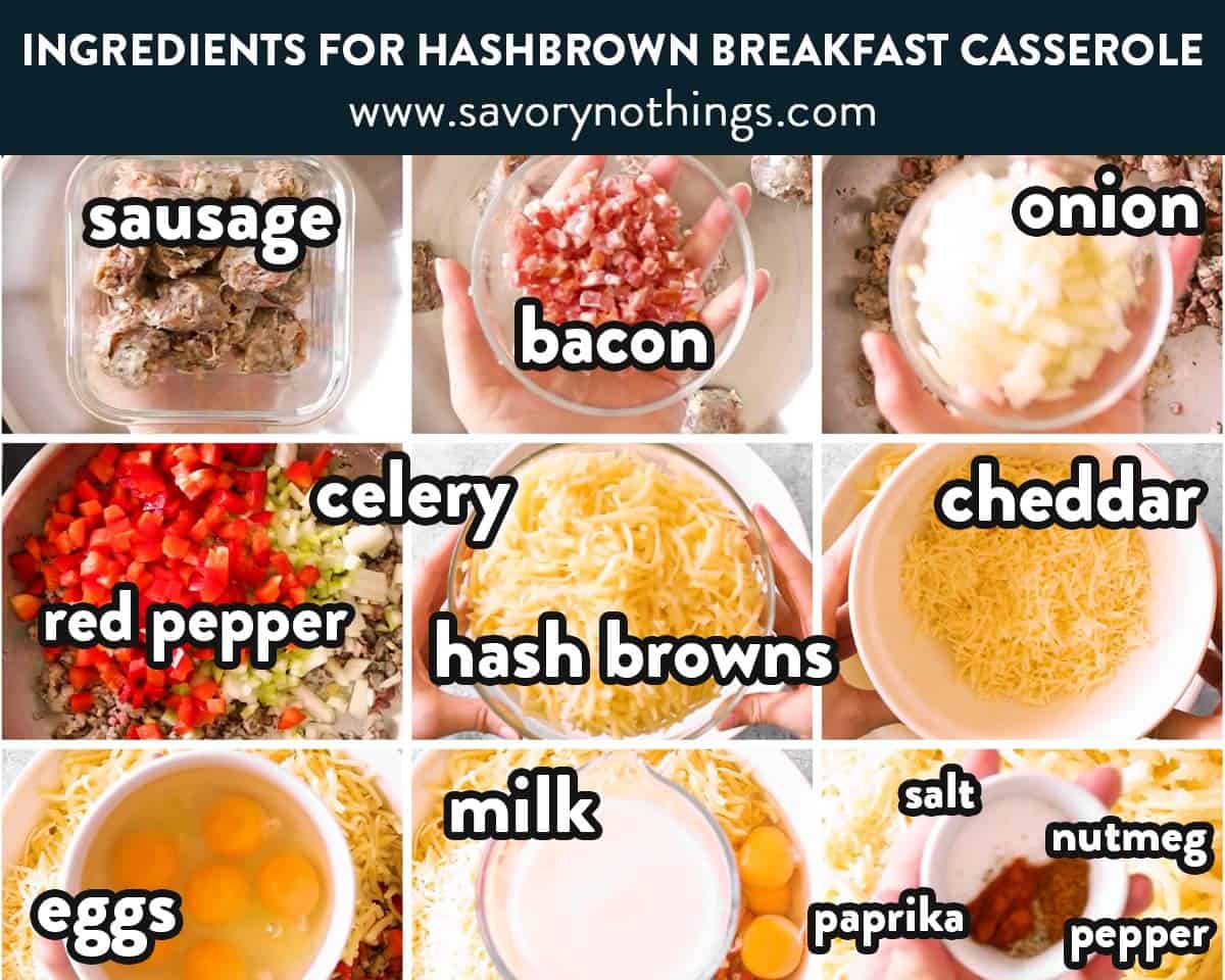 ingredients for hash brown breakfast casserole with text labels