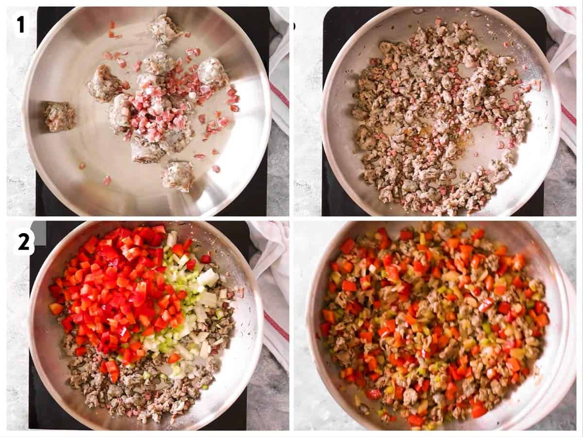 photo collage to show how to sauté meat and vegetables to make a breakfast casserole