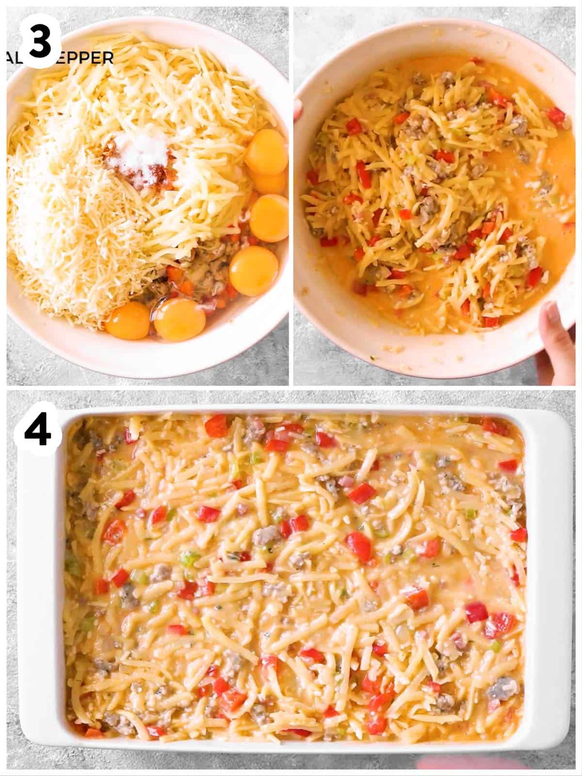 photo collage to show how to assemble a hash brown breakfast casserole