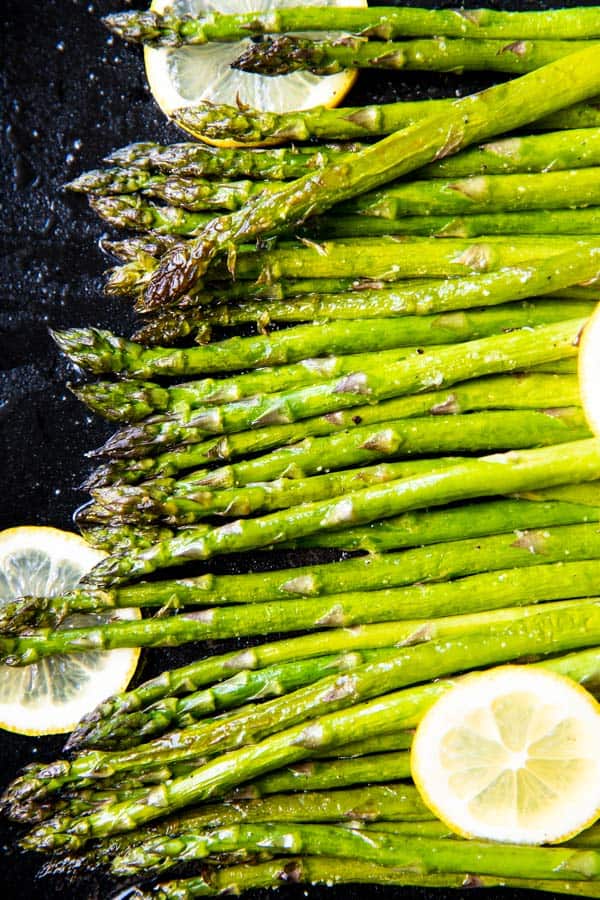 sheet pan with roasted asparagus