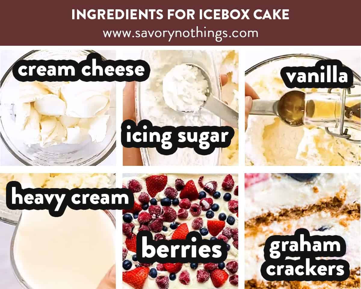 collage of ingredients you need to make an icebox cake