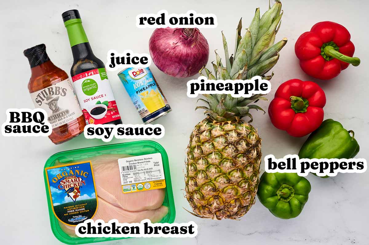 ingredients for pineapple bbq chicken kabobs with text labels