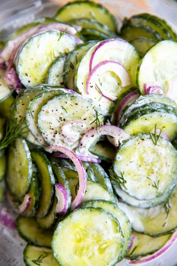 close up photo of creamy cucumber salad