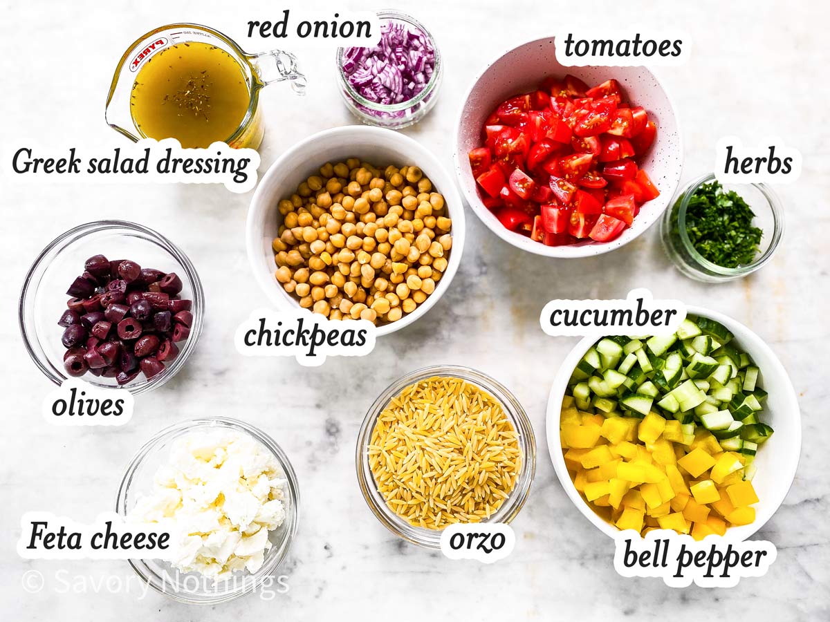 ingredients in Greek orzo salad with text labels