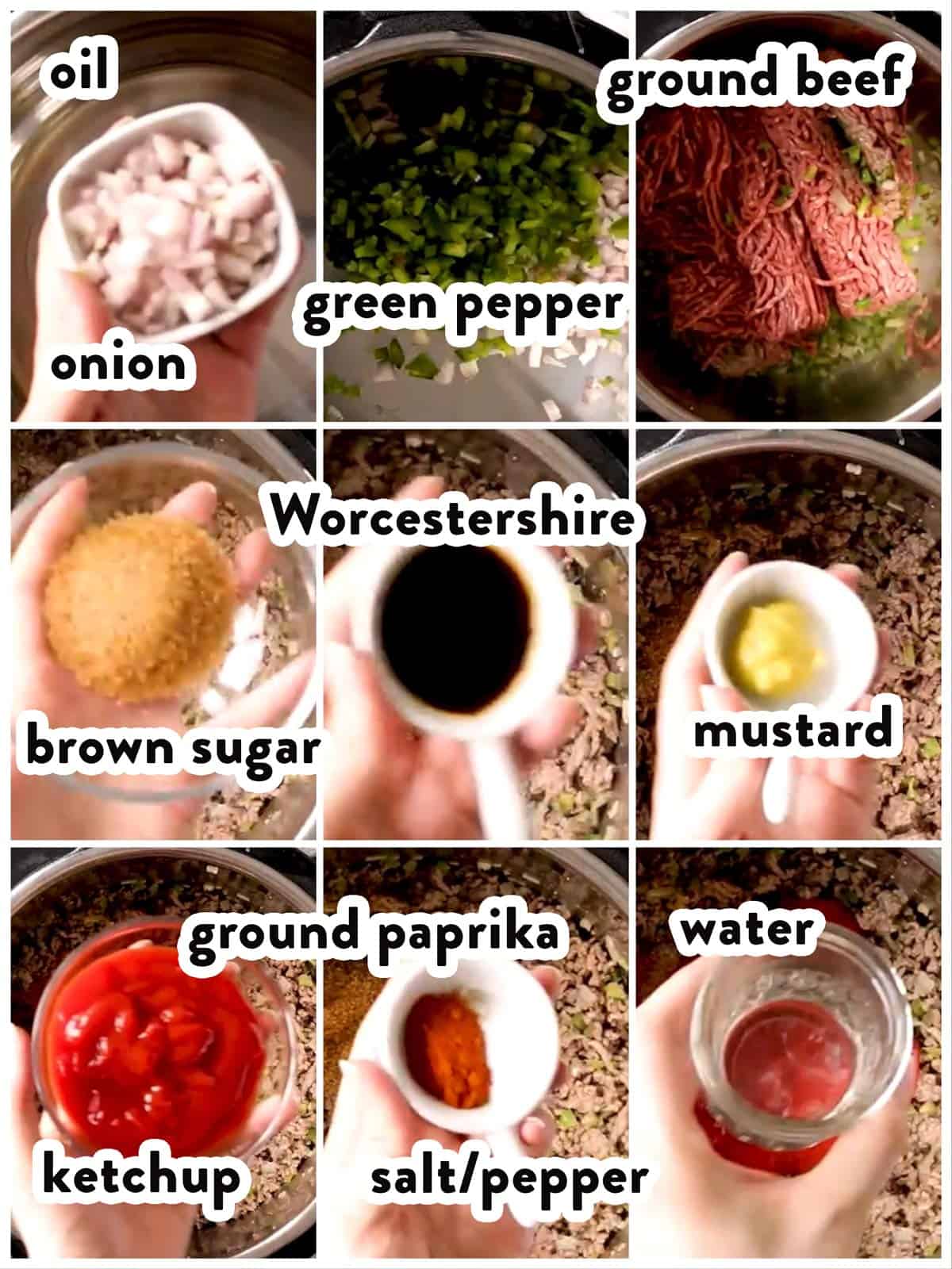 ingredients for sloppy joes with text labels