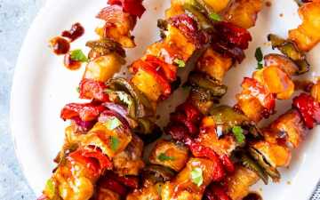 plate with pineapple bbq chicken kabobs