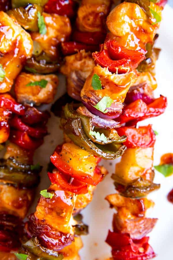 close up photo of pineapple bbq chicken kabobs