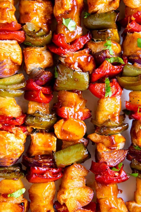 close up photo of Hawaiian bbq chicken kabobs